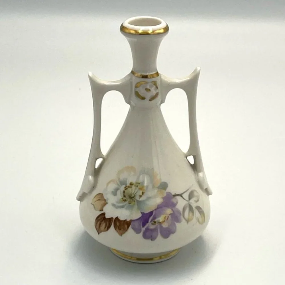 Vintage Bud Vase Double Handles‎ Porcelain/Ceramic Floral Gold Trim